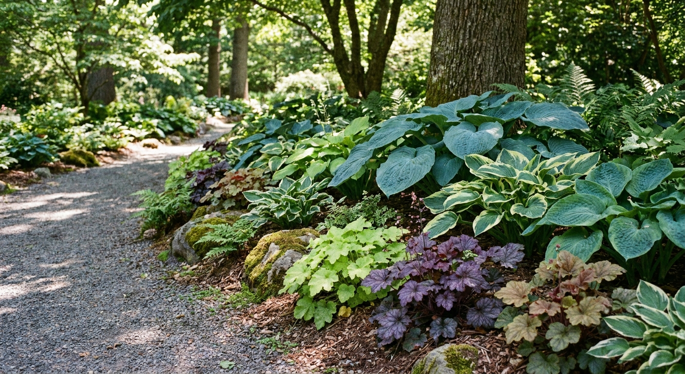 A real photograph of a shady garden border with hostas and coral bells planted along a curved path, showing contrasting leaf colors and textures