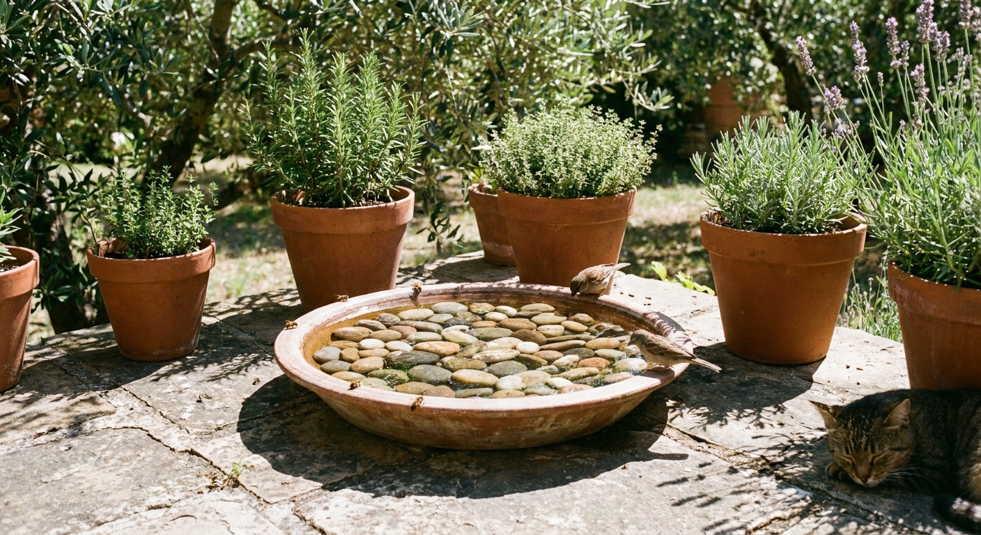 A real photograph of a shallow ceramic dish filled with water and small pebbles, set on a sunny garden patio near potted herbs