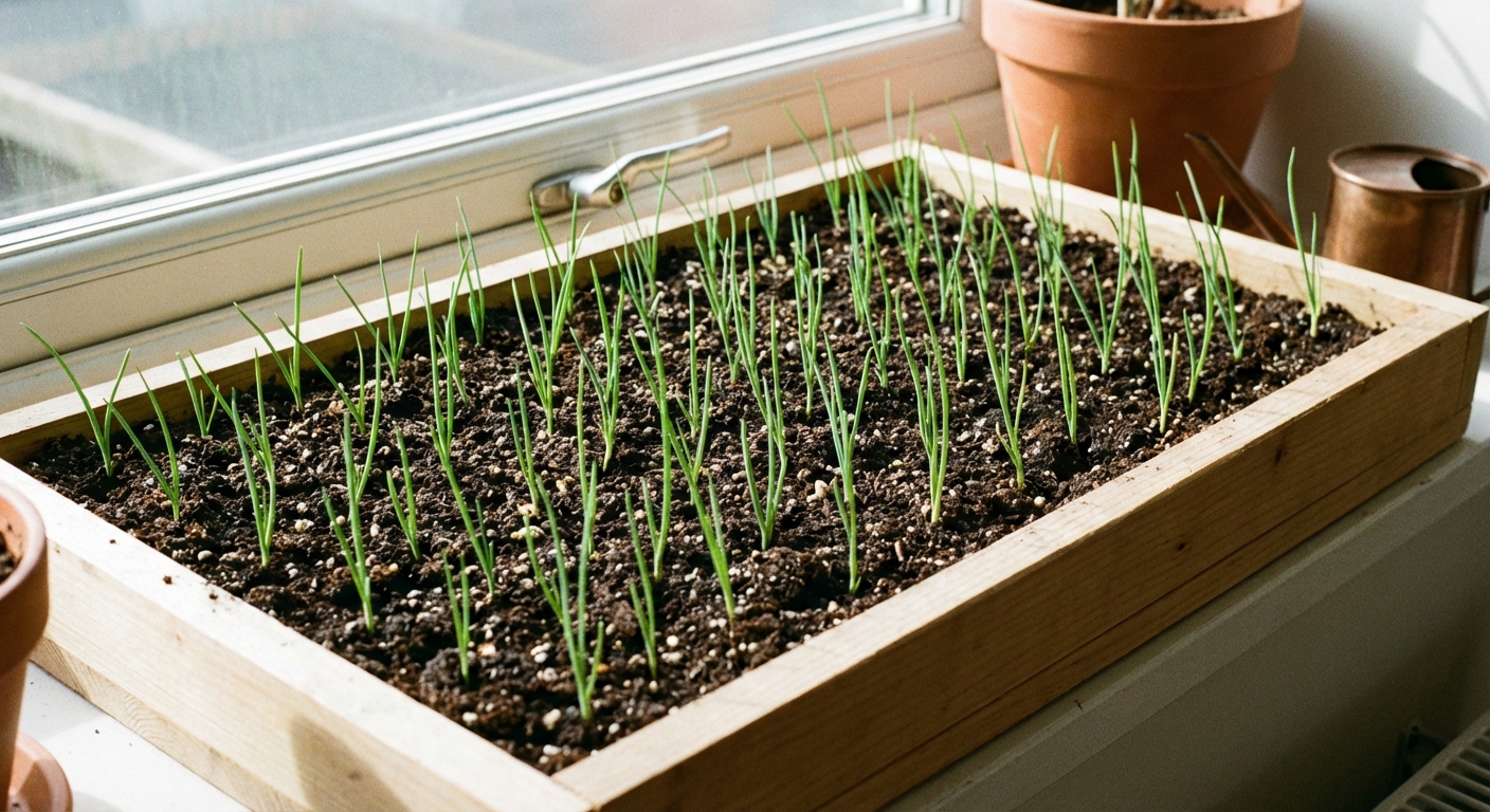A real photograph of a shallow seed tray filled with potting mix and many slender green onion seedlings emerging in neat rows under natural light