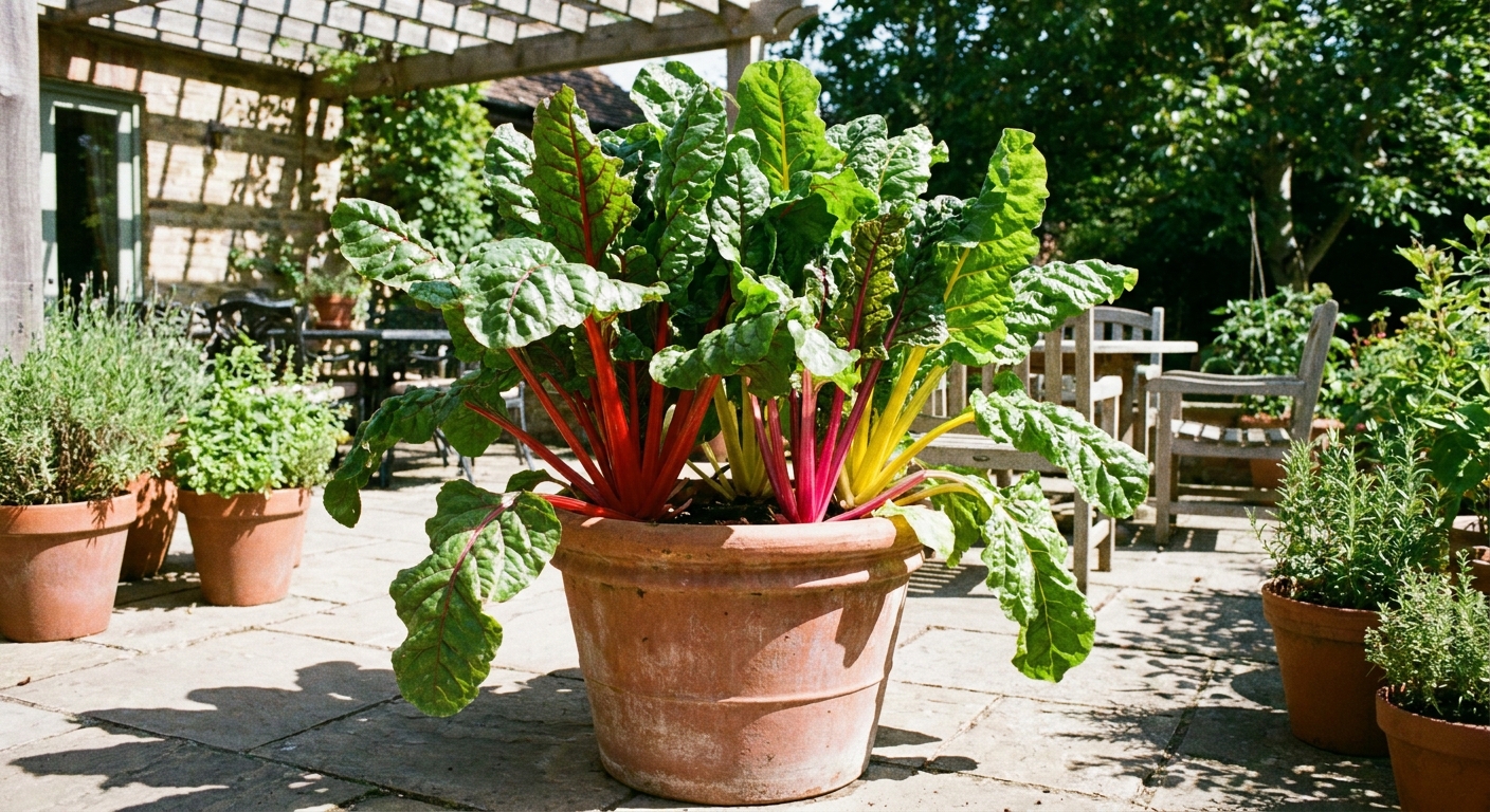 A real photograph of a single Swiss chard plant growing in a large terracotta container on a sunny patio, with bright stems and healthy green leaves