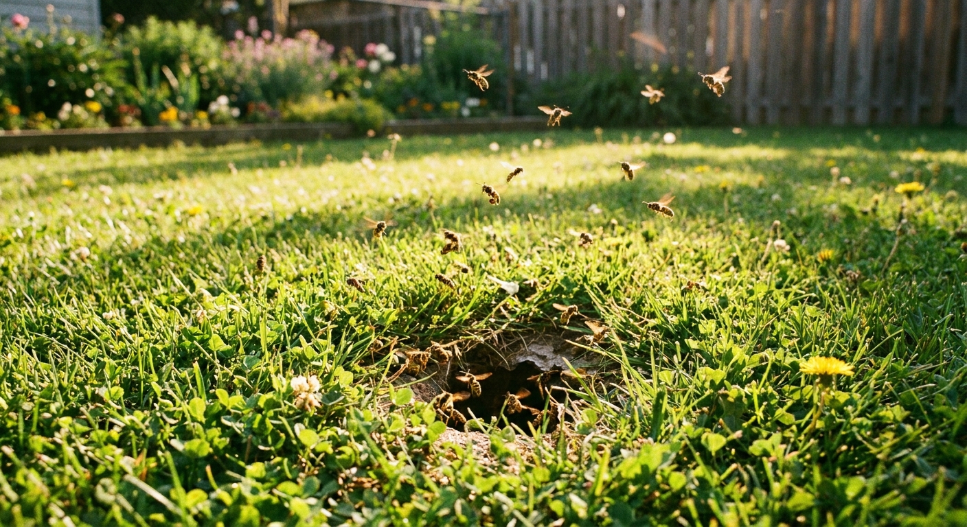 A real photograph of a single ground hole in a lawn with multiple yellow jackets flying in and out on a bright summer afternoon