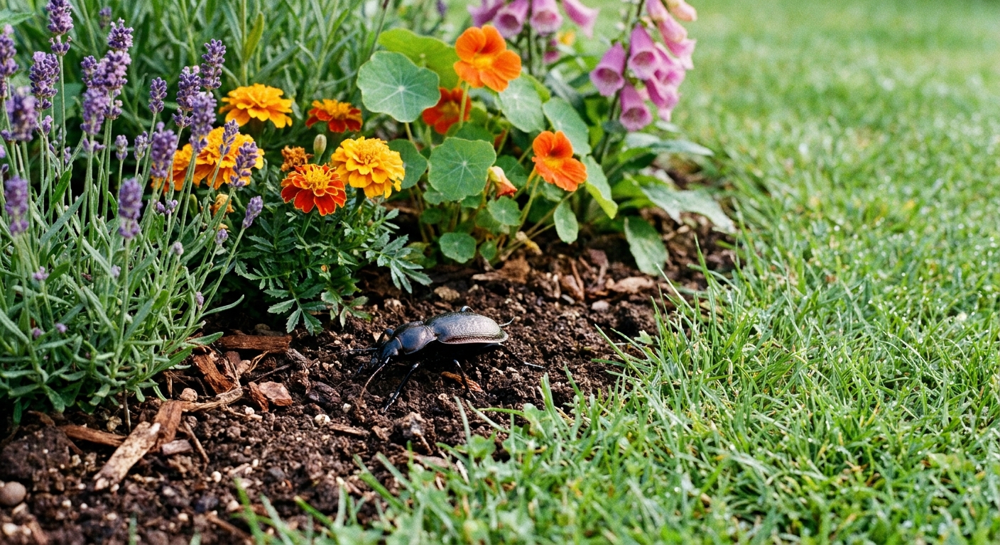 A real photograph of a small garden bed with flowering plants next to a lawn, with a close visible insect predator like a ground beetle on soil