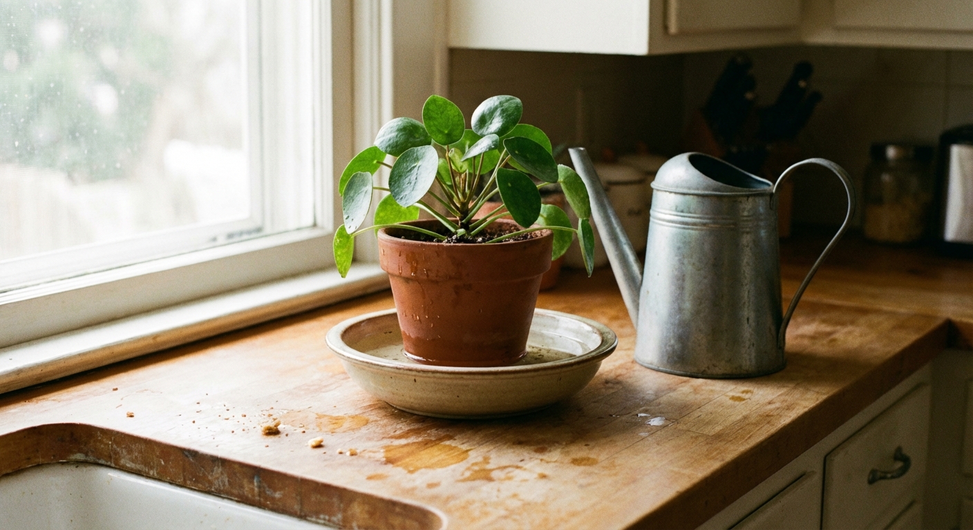 A real photograph of a small houseplant pot sitting in a shallow bowl of water on a kitchen counter while it bottom-waters, with soft daylight and a watering can nearby