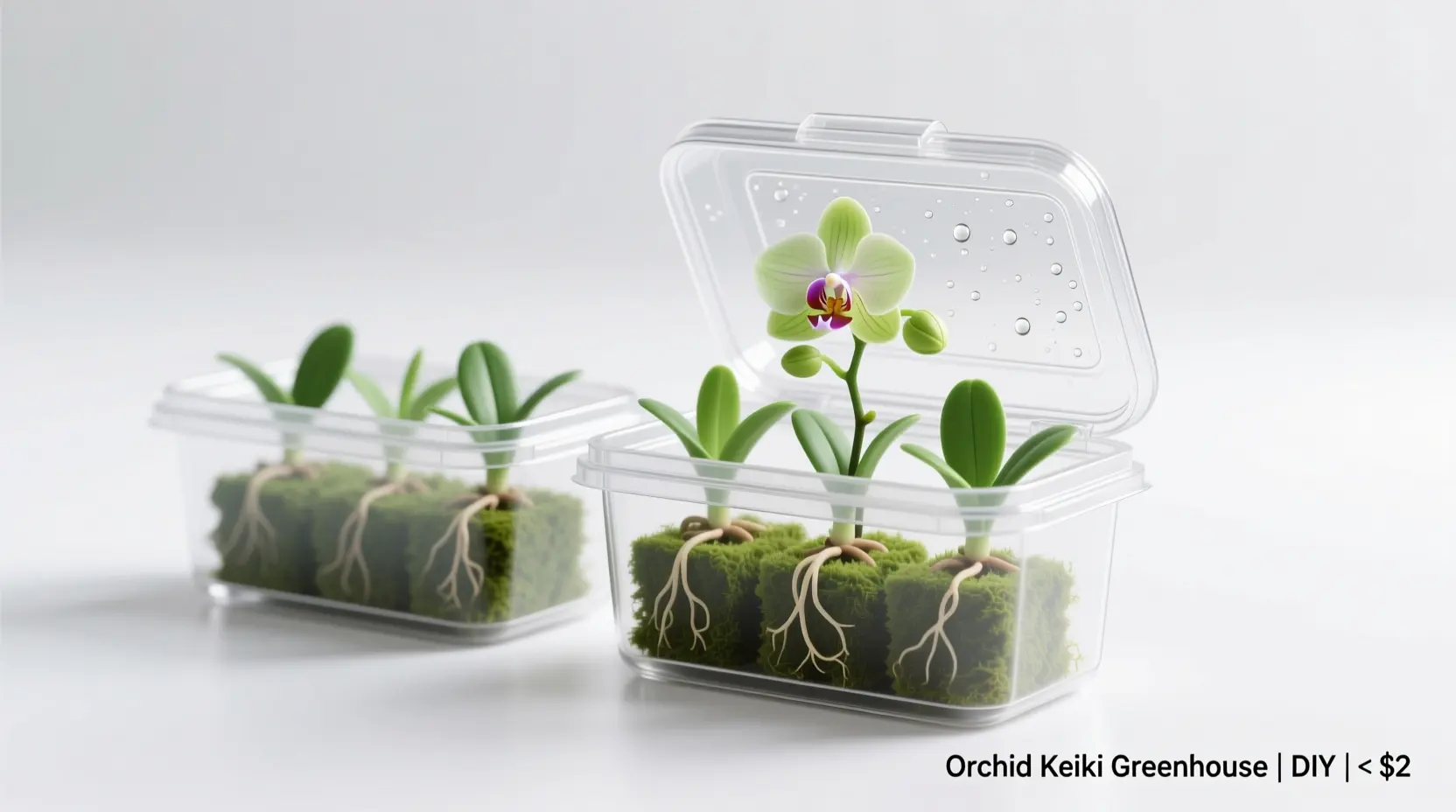 A real photograph of a small orchid keiki planted in a clear plastic pot filled with fluffy sphagnum moss, with several roots visible against the pot wall
