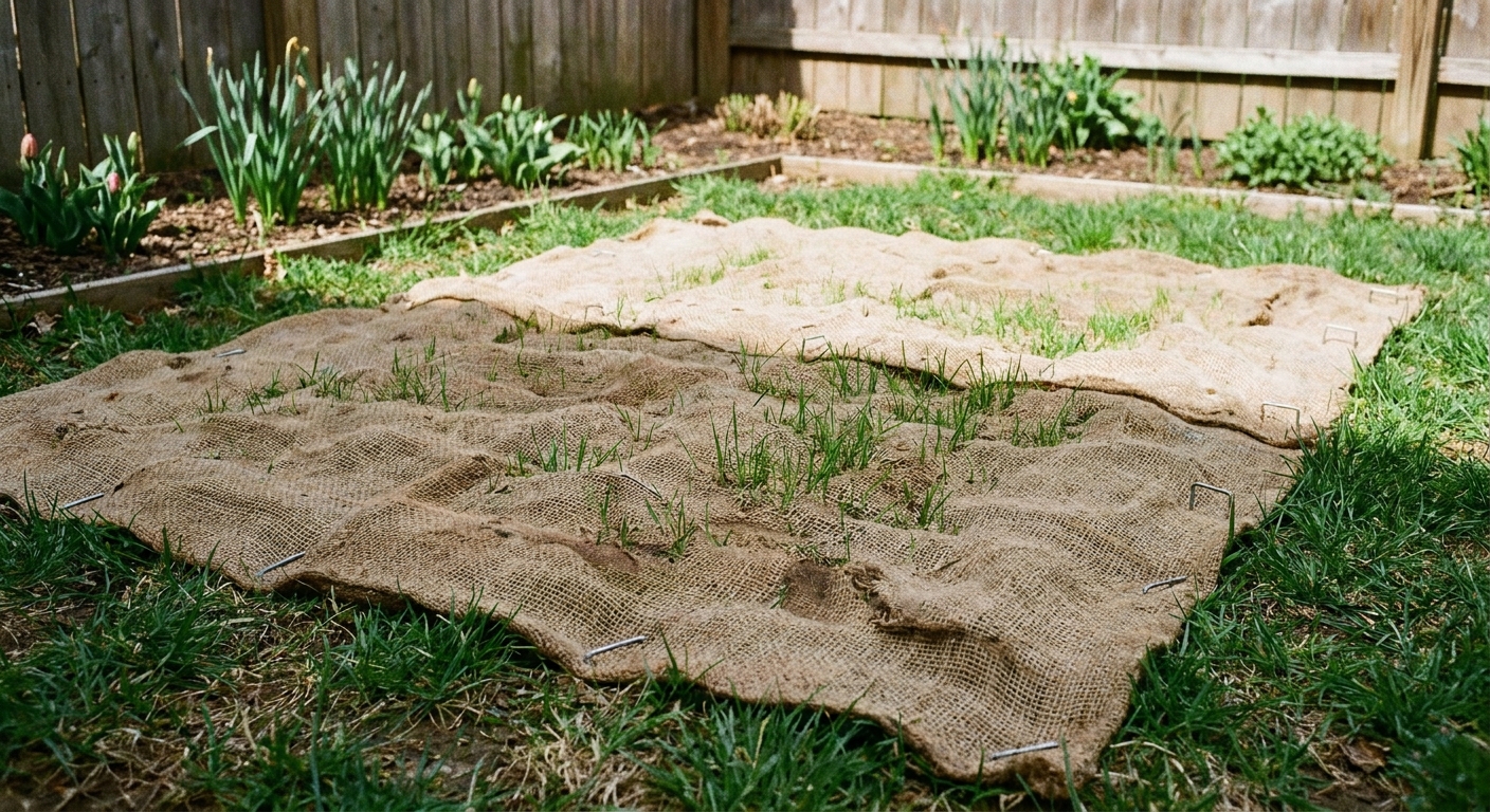 A real photograph of a small patch of lawn covered with burlap pinned down at the corners in a backyard on a spring day