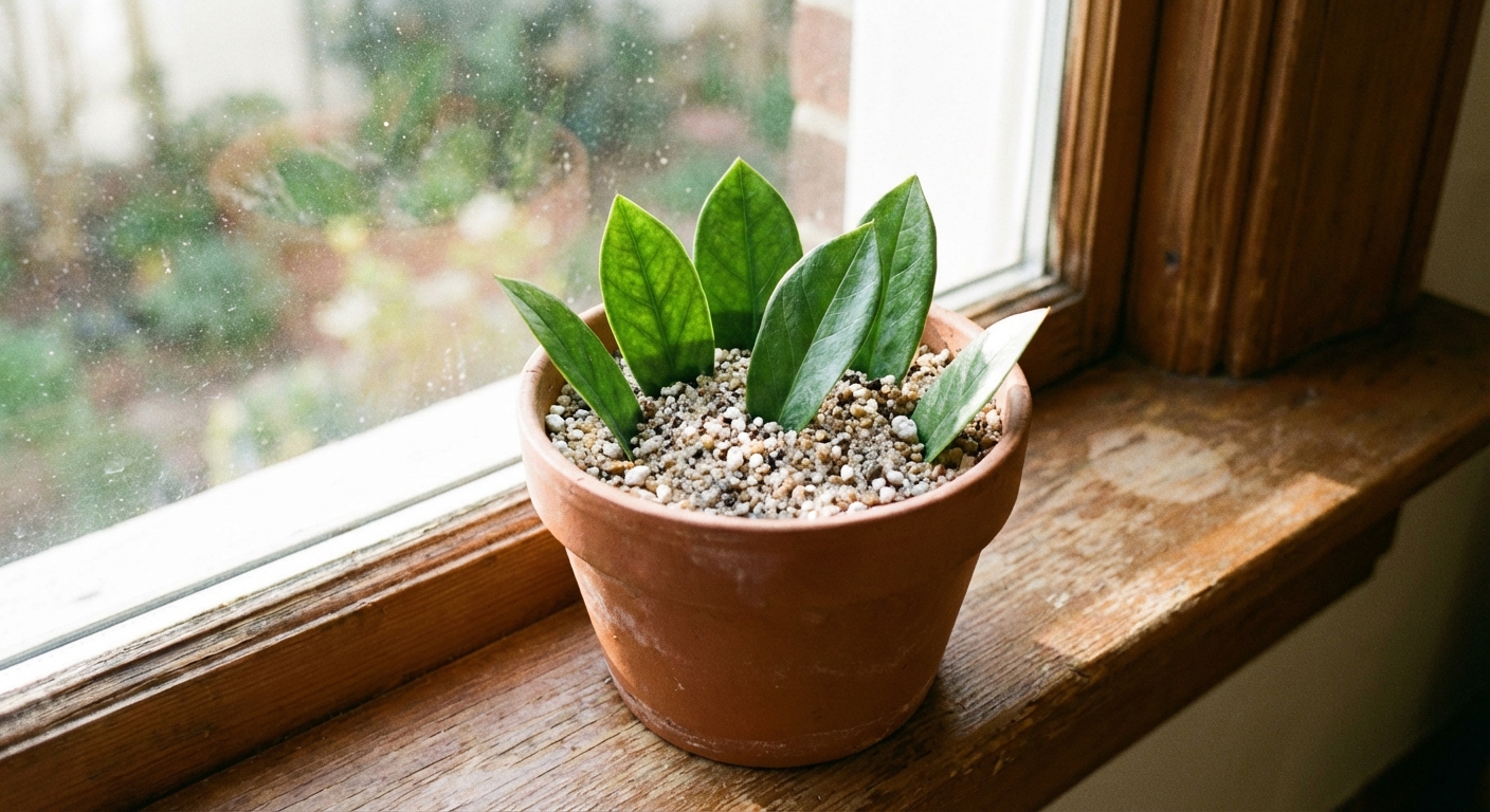 A real photograph of a small pot of ZZ plant leaflets standing upright in gritty soil on a windowsill with soft bright indirect light