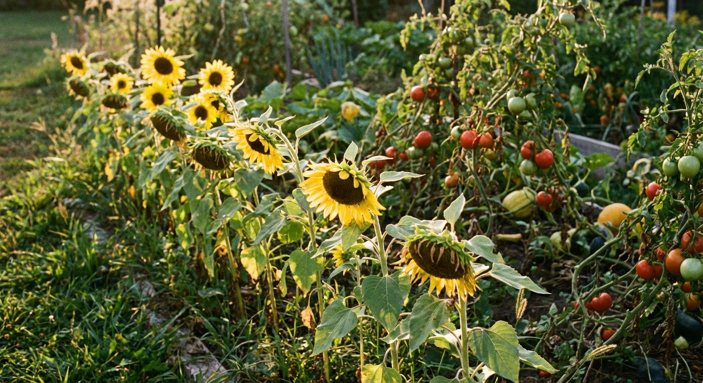 A real photograph of a small row of sunflowers growing along the edge of a vegetable garden with tomatoes visible in the background, taken in late summer sunlight