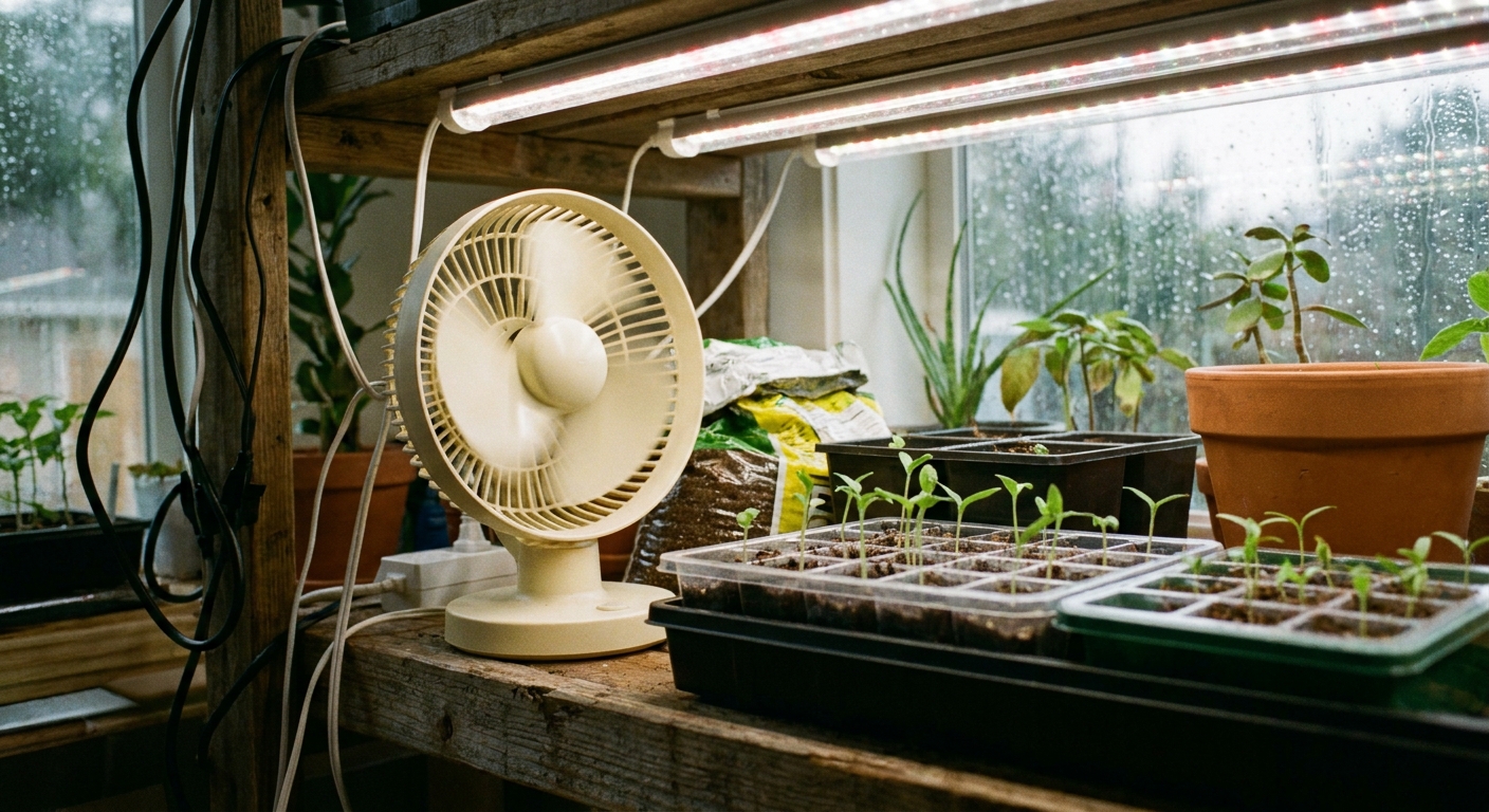 A real photograph of a small tabletop fan on a shelf gently circulating air near indoor seedling trays under grow lights