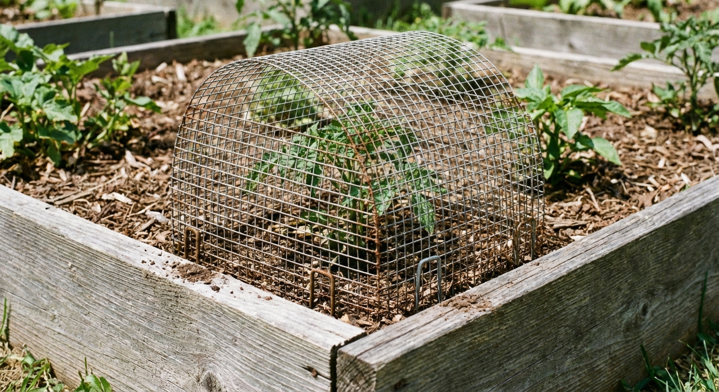 A real photograph of a small wire mesh hardware cloth cage placed over a young vegetable plant in a raised garden bed, with the cage pinned down by metal landscape staples, natural outdoor lighting