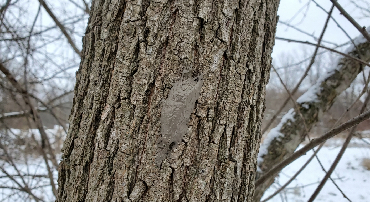 A real photograph of a spotted lanternfly egg mass on a tree trunk in winter, resembling a grayish mud smear on bark
