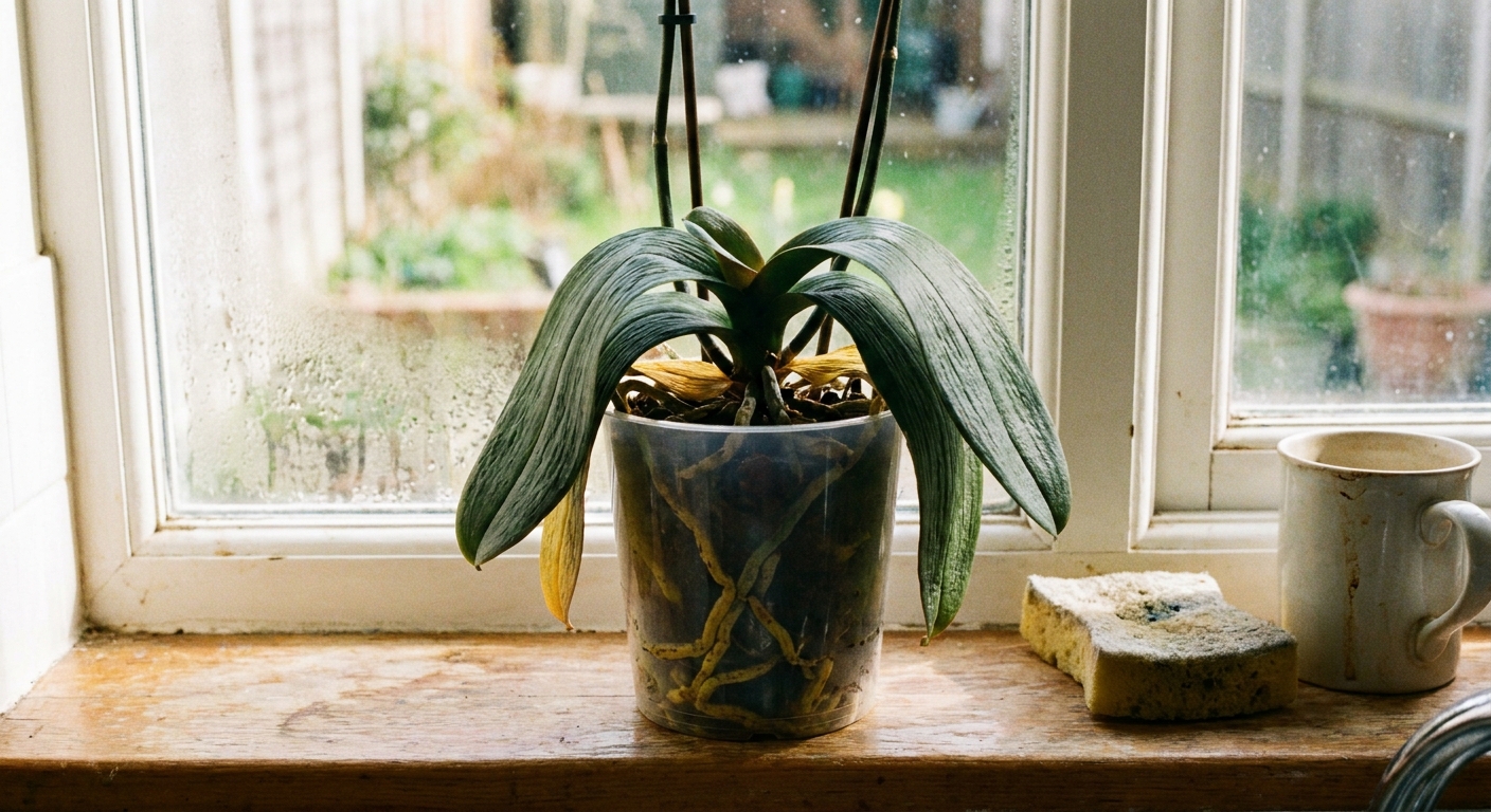 A real photograph of a stressed phalaenopsis orchid in a clear plastic pot on a bright kitchen windowsill, with limp leaves and a few yellowing roots visible through the pot