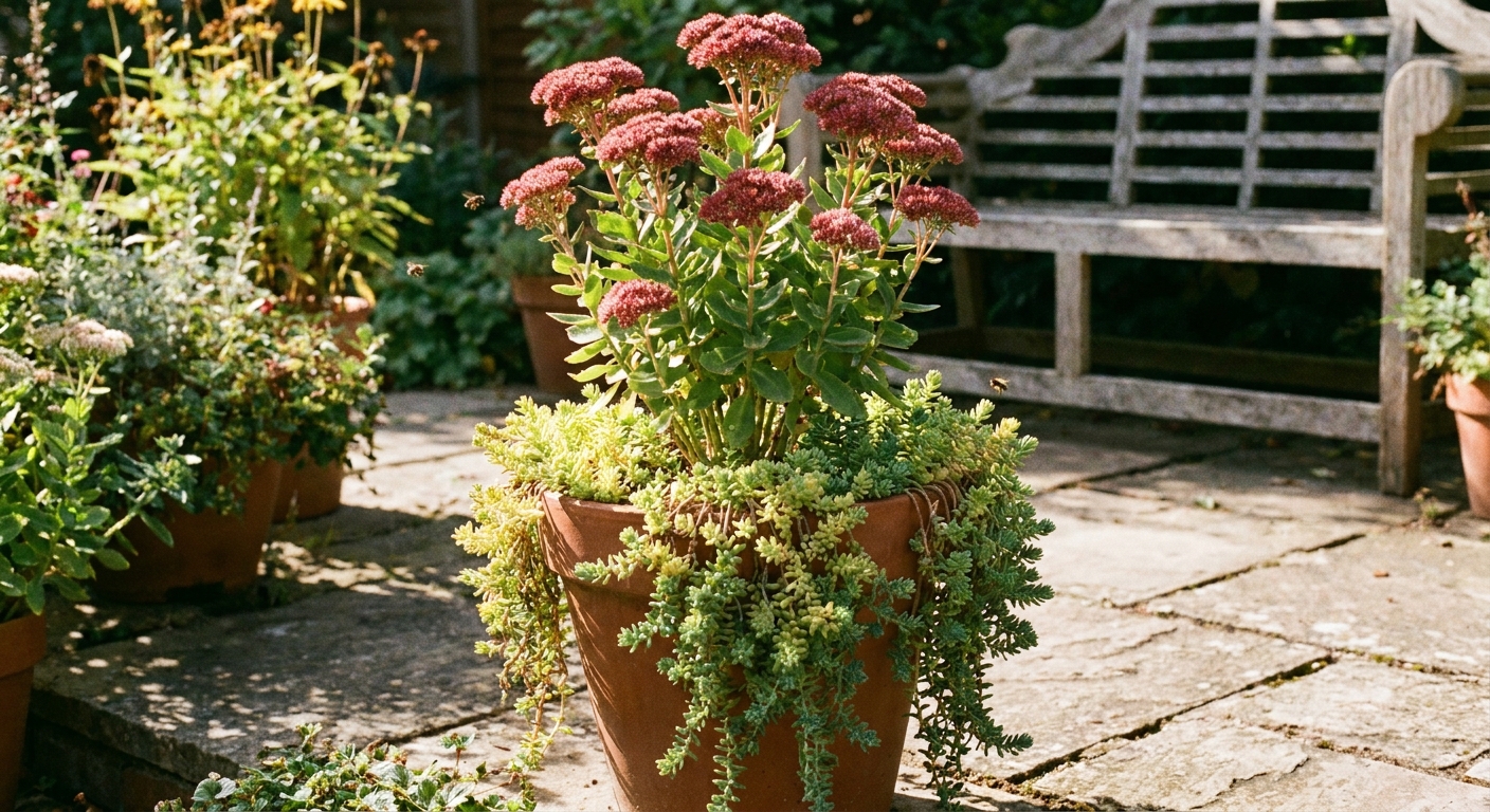 A real photograph of a sunny container planting that includes an upright sedum in the center and trailing stonecrop spilling over the rim