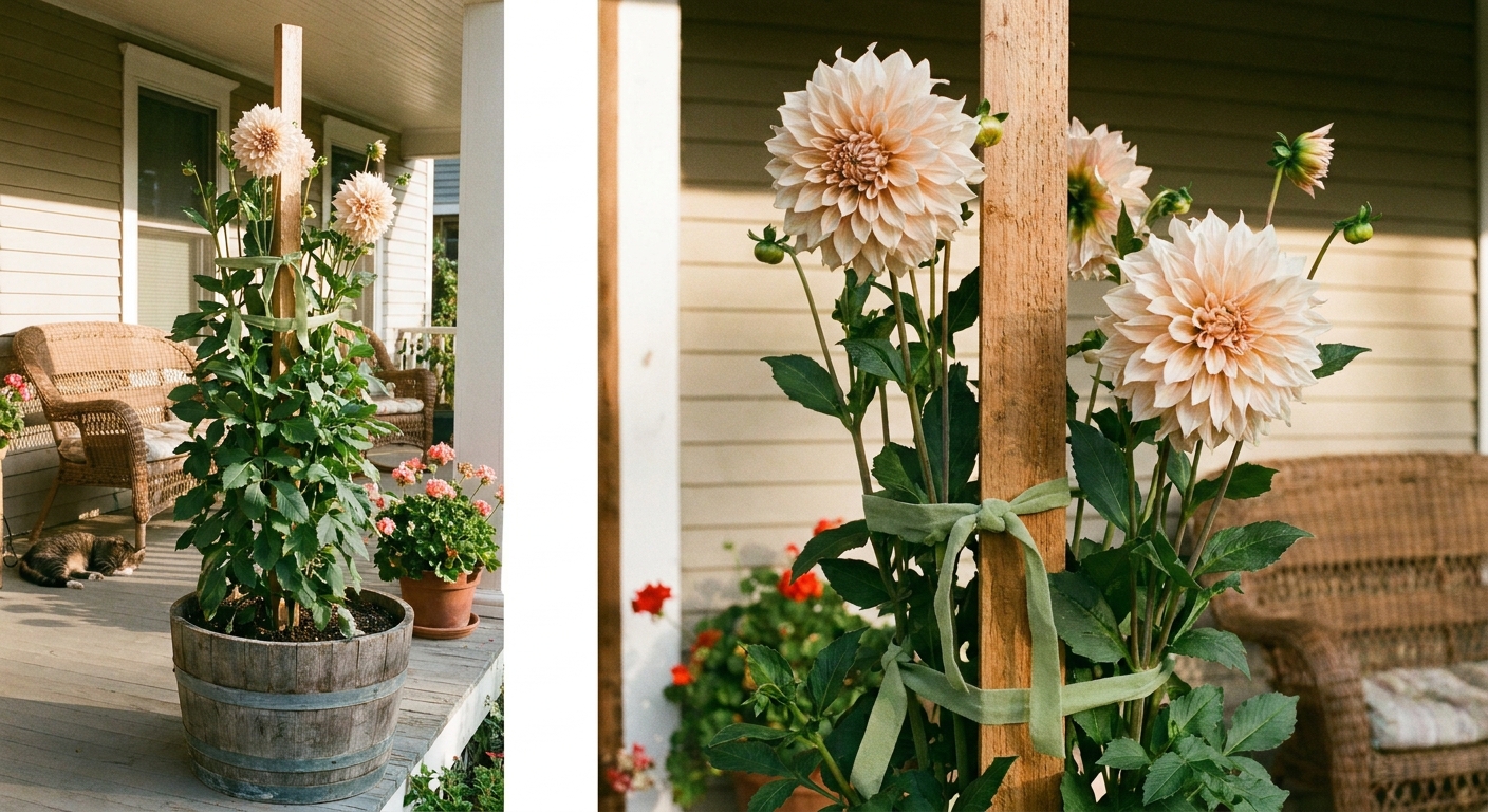 A real photograph of a tall dahlia in a large container with a sturdy stake and soft plant ties supporting the main stems on a sunny porch