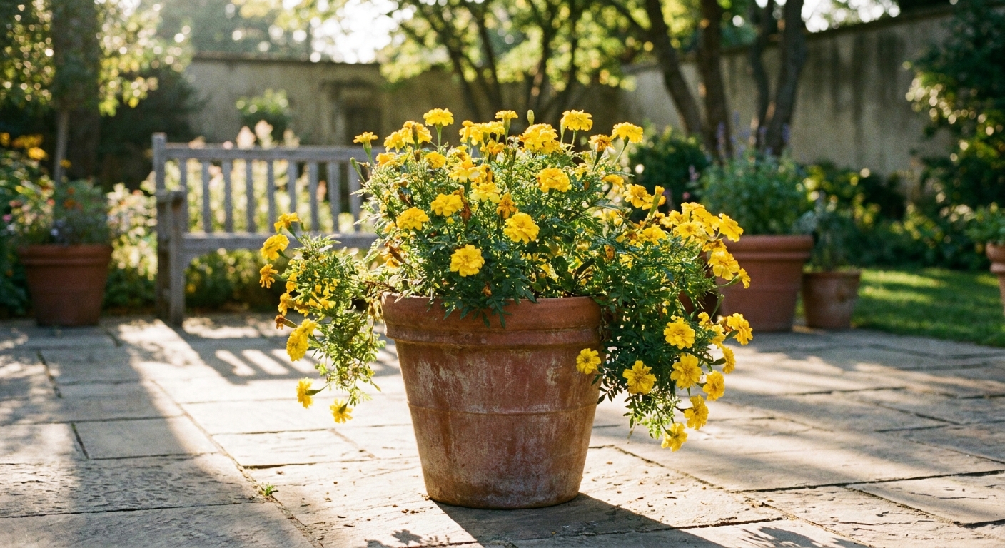 A real photograph of a terracotta pot overflowing with yellow marigolds on a sunny patio, with soft background blur