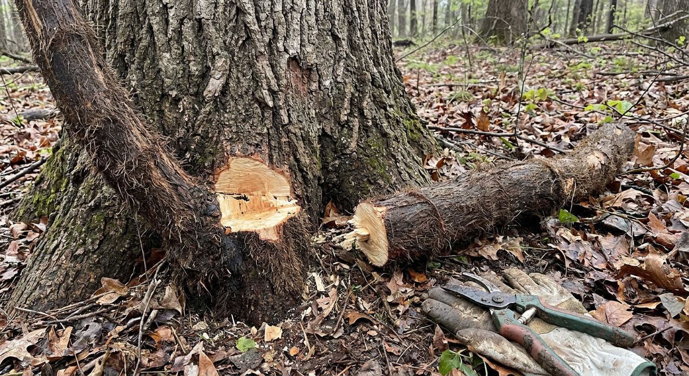 A real photograph of a thick poison ivy vine cut near the base of a tree trunk, showing a removed section on the ground and fresh cut surfaces