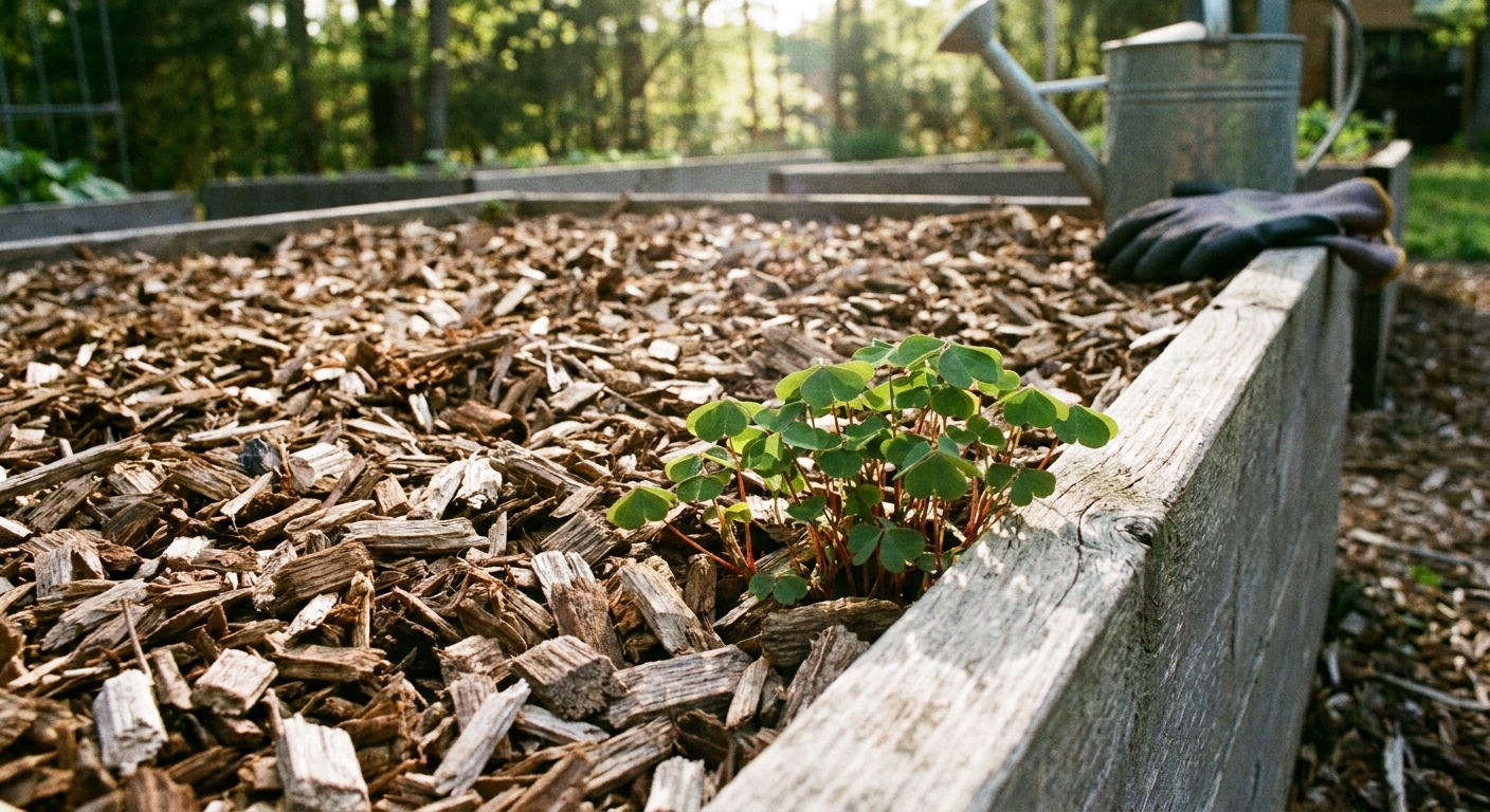 A real photograph of a vegetable garden bed covered in wood chip mulch with a few small oxalis seedlings visible near the edge of the bed