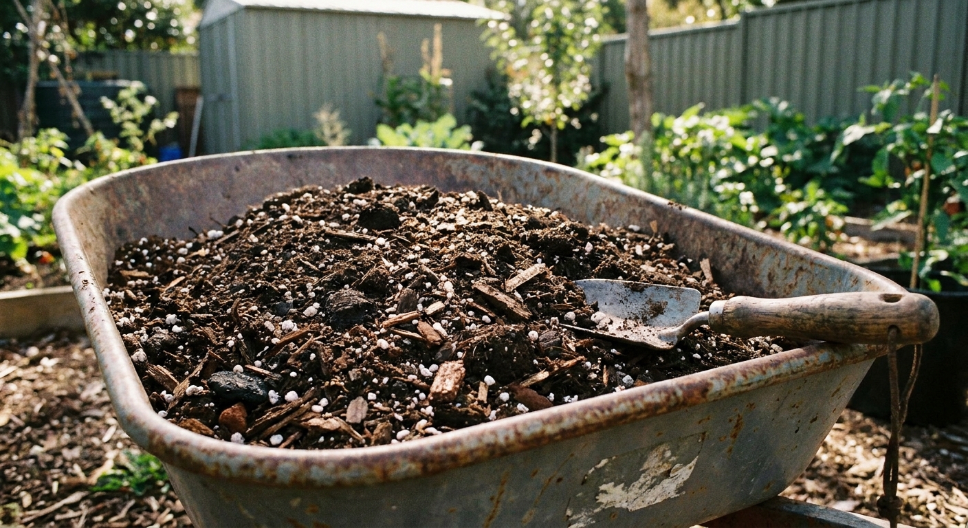 A real photograph of a wheelbarrow holding a loose potting mix blend with visible compost and perlite, with a trowel resting on the edge