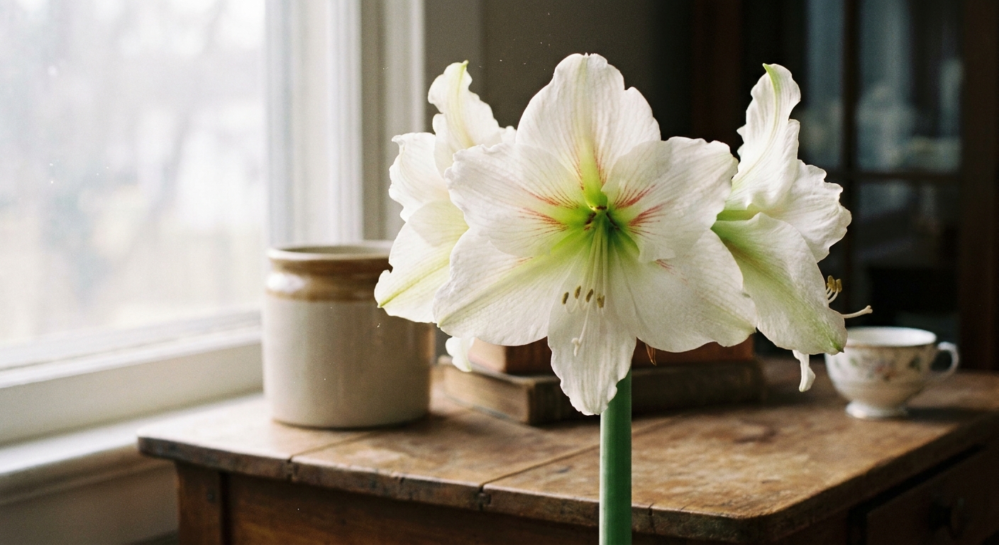 A real photograph of a white amaryllis in full bloom on an indoor table in soft natural window light