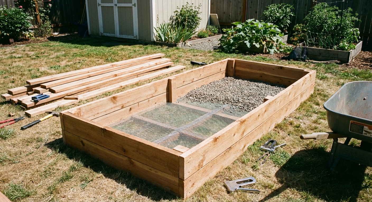 A real photograph of a wooden raised garden bed under construction with hardware cloth laid across the bottom before adding soil, backyard setting in daylight
