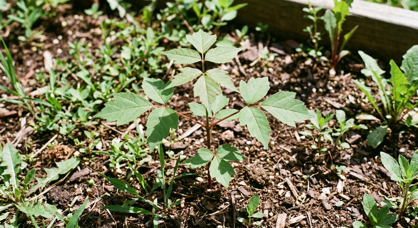 A real photograph of a young boxelder tree seedling in a garden bed, showing opposite leaf arrangement on the stem and three leaflet-like sections