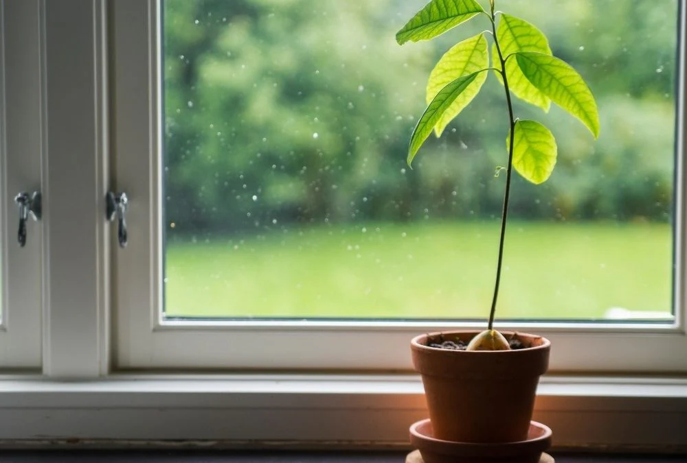 A real photograph of a young indoor avocado tree in a large pot positioned near a bright window, with sunlight highlighting glossy green leaves