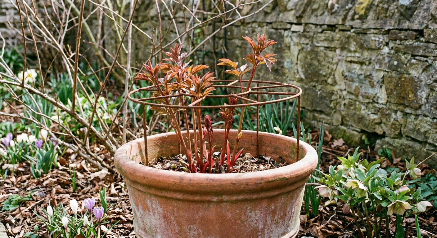A real photograph of a young peony plant in a large pot with a metal peony ring support installed, early spring garden setting