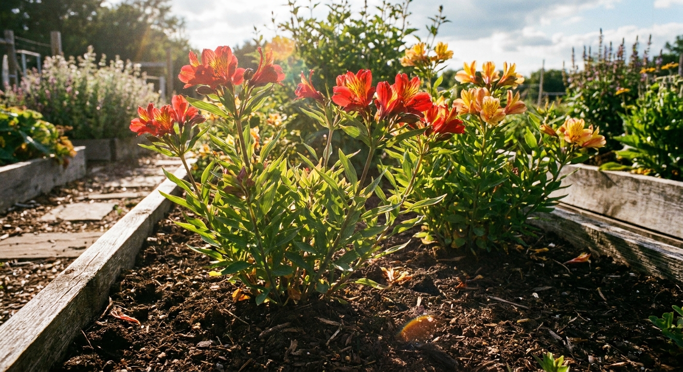A real photograph of alstroemeria plants growing in a well-drained garden bed with compost-mulched soil and sunlight hitting the foliage