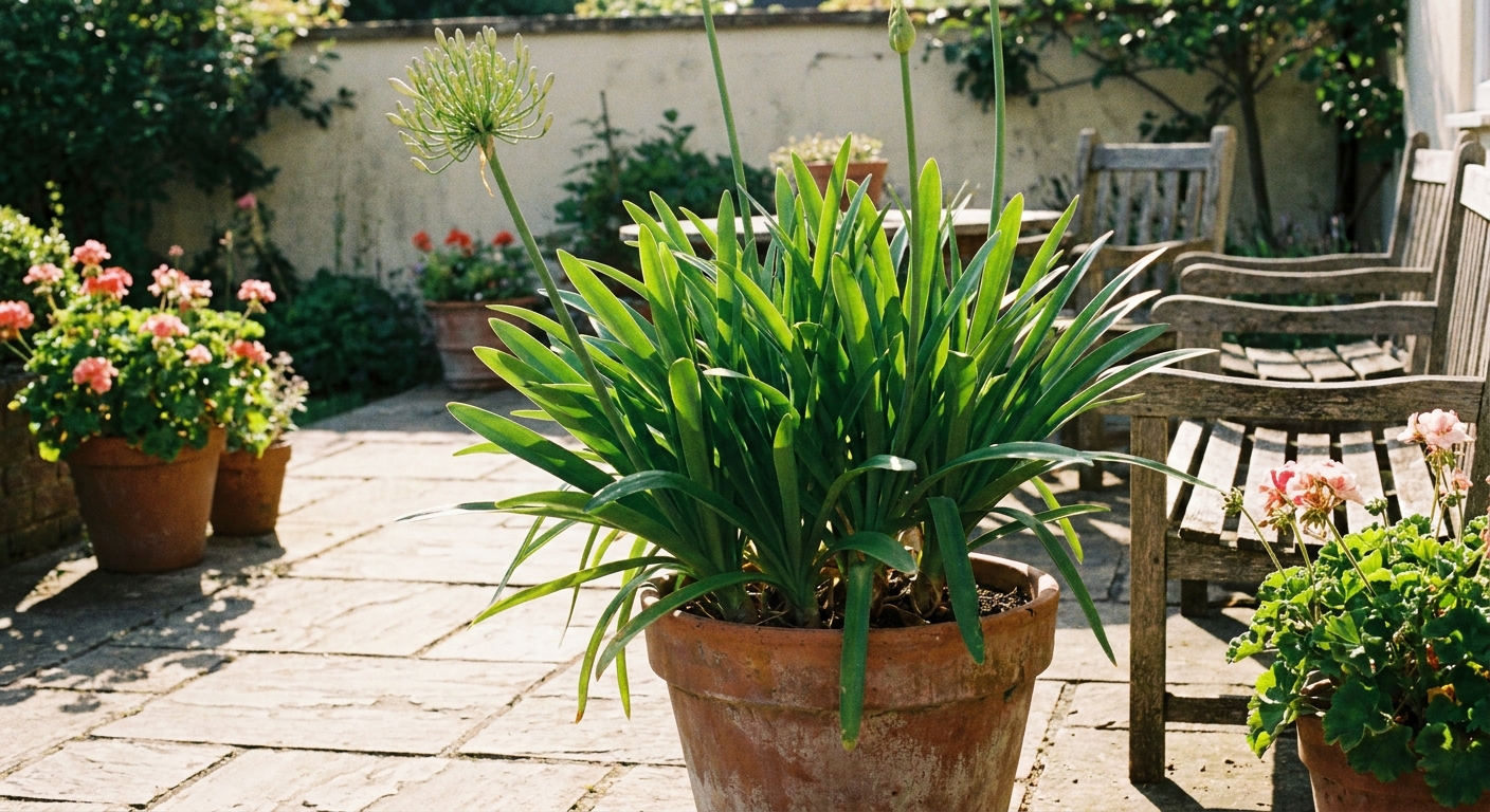 A real photograph of an agapanthus growing in a terracotta pot on a sunny patio, with upright green leaves and a developing flower stalk