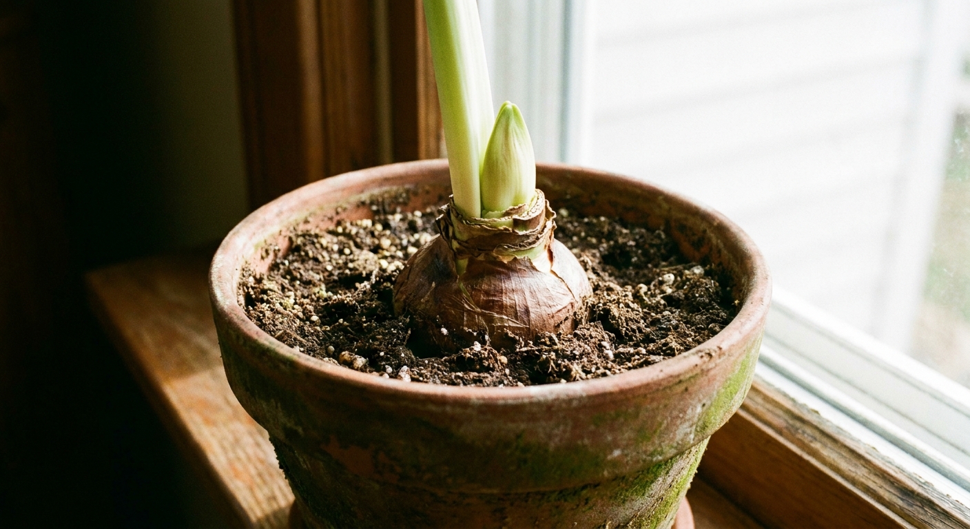 A real photograph of an amaryllis bulb in a clay pot with a thick green flower stalk just emerging, soil surface visible, indoor natural light