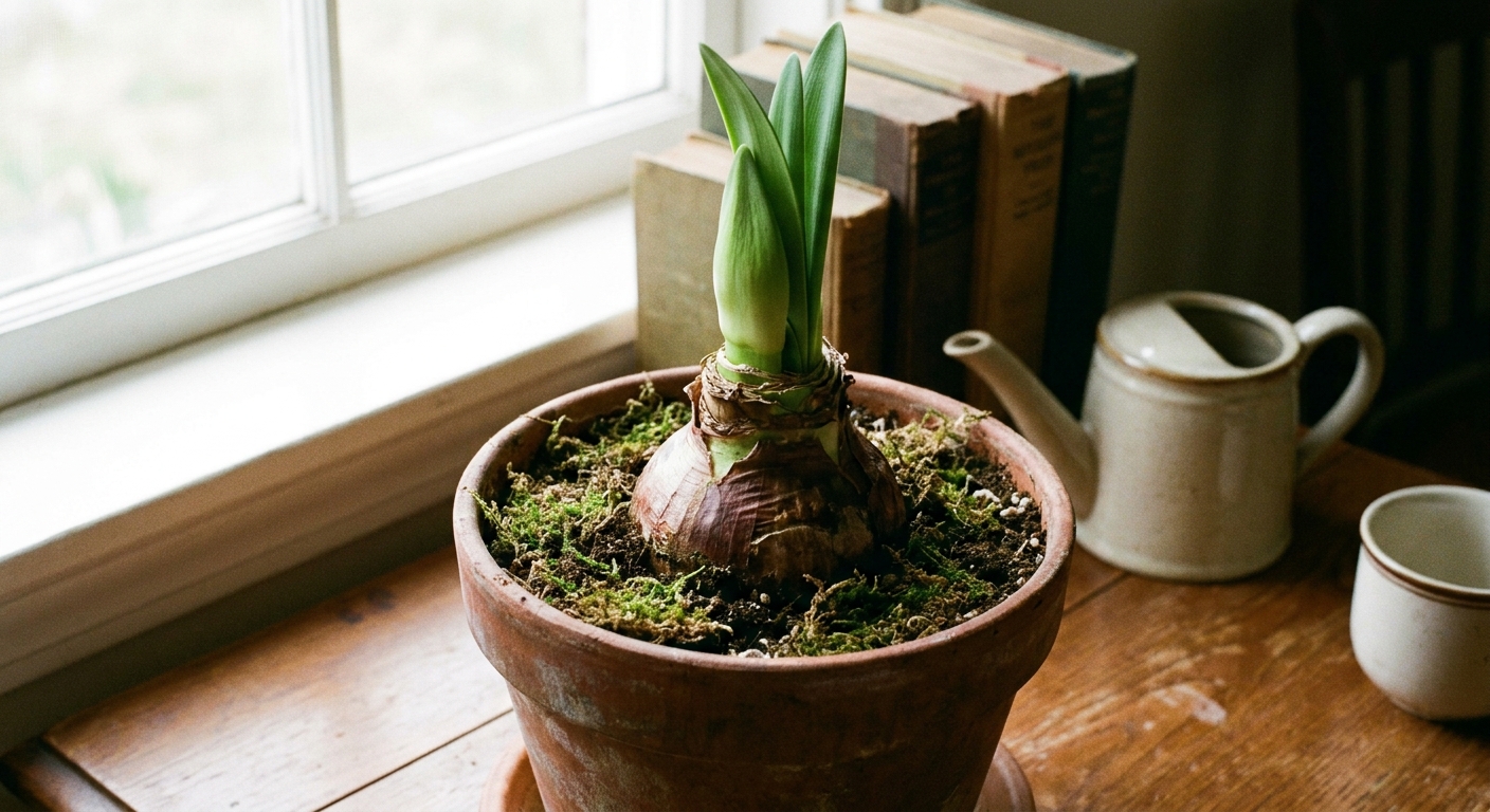 A real photograph of an amaryllis bulb in a pot showing a fresh green shoot emerging after dormancy on an indoor table
