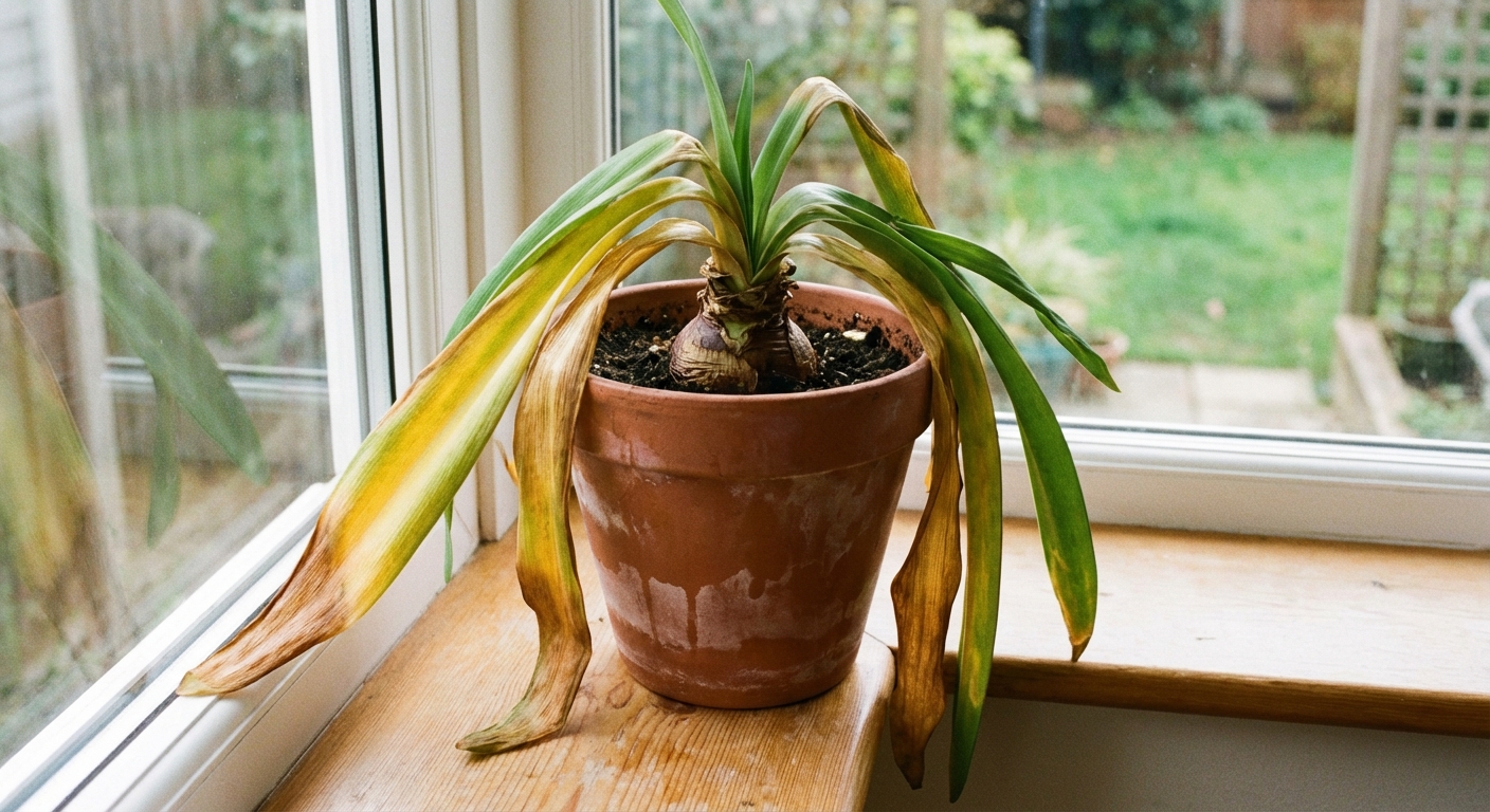 A real photograph of an amaryllis plant in a pot with several leaves turning yellow and beginning to droop, indoor natural light