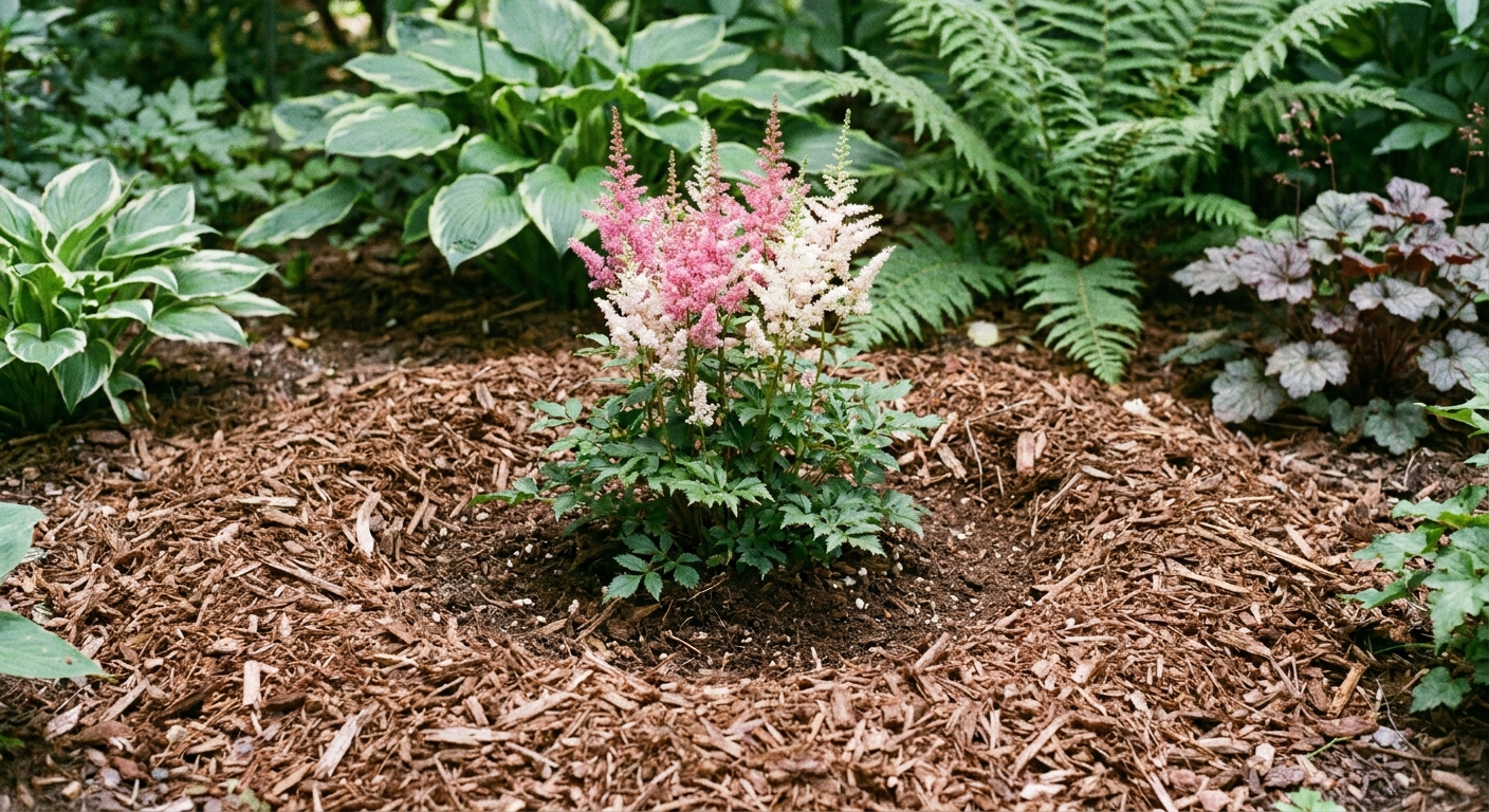 A real photograph of an astilbe plant in a shade garden bed with a neat ring of organic mulch around it, showing mulch pulled back from the crown