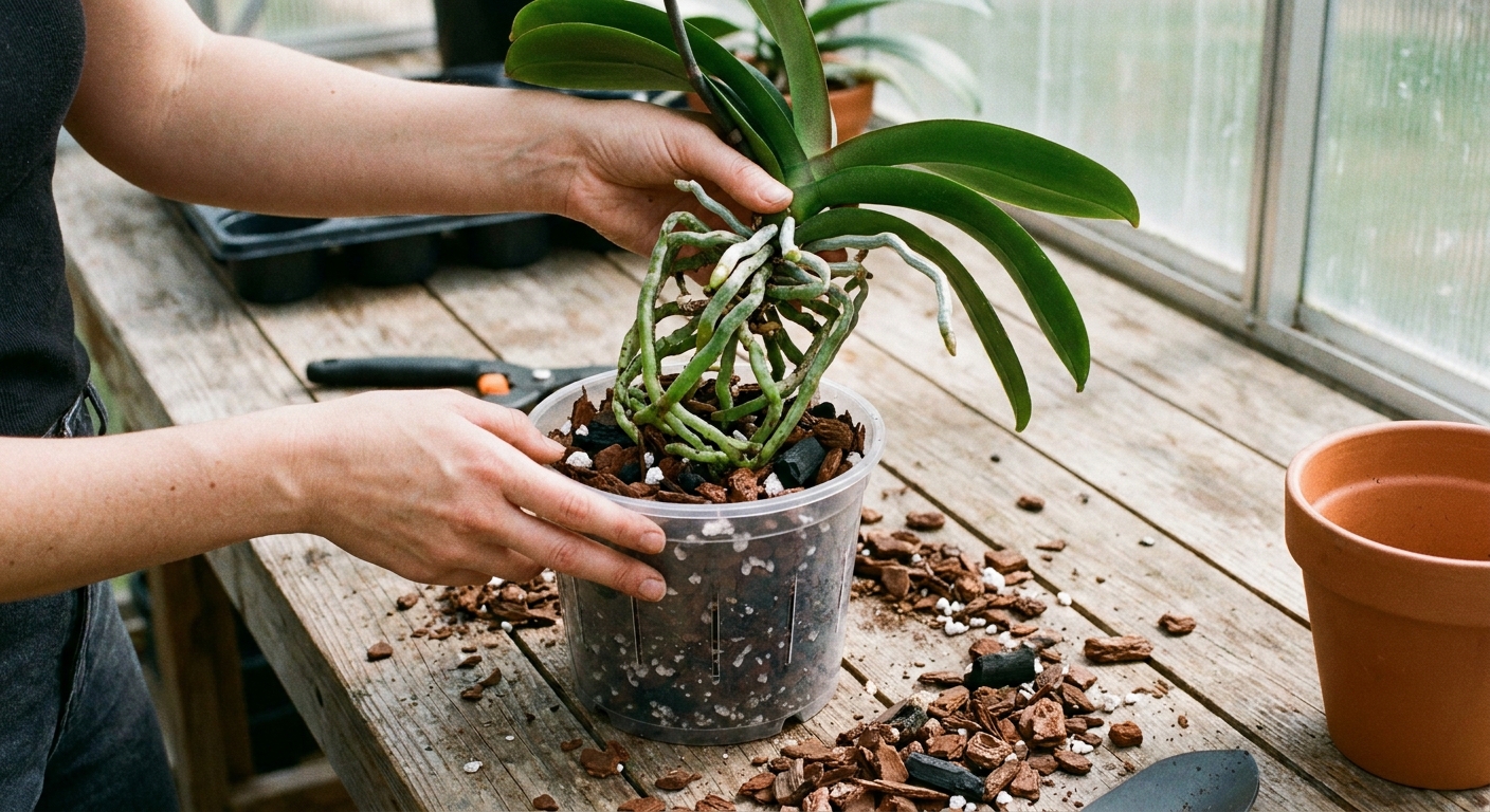 A real photograph of an orchid being repotted on a wooden table, with healthy green and silvery roots visible above fresh bark mix and a clean clear pot nearby