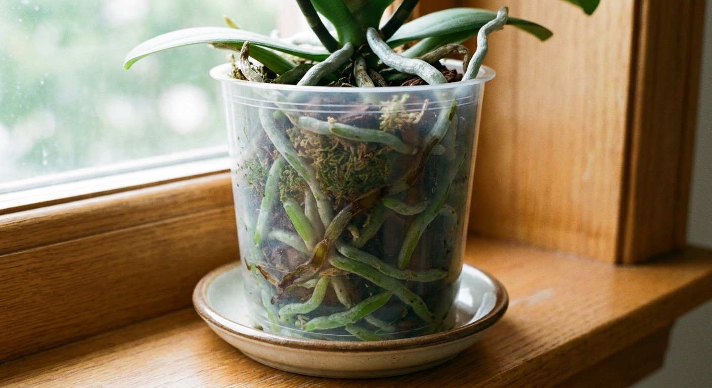 A real photograph of an orchid in a clear plastic pot showing firm green and silvery roots mixed with a few brown mushy roots against the pot wall