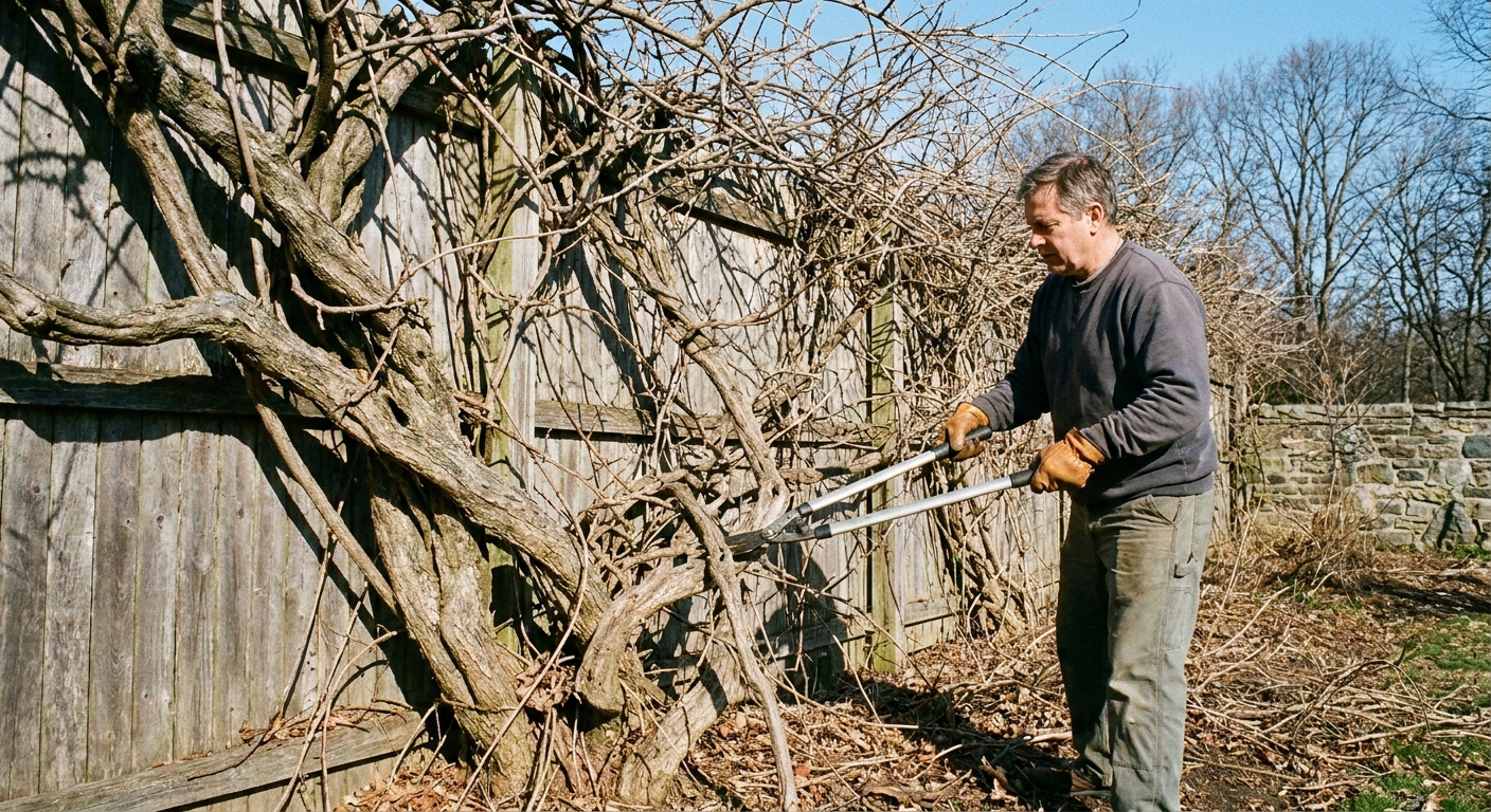 A real photograph of an overgrown wisteria vine on a sturdy fence, with a gardener in gloves using loppers to remove thick woody stems on a clear late winter day