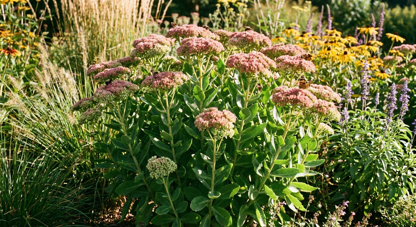 A real photograph of an upright Autumn Joy type sedum in late summer, with thick green stems and pink flower clusters growing in a sunny garden border