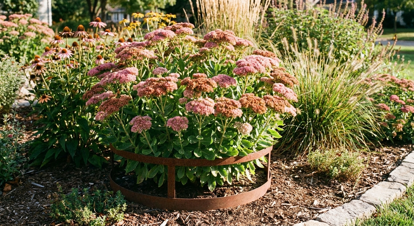 A real photograph of an upright sedum clump supported by a low, unobtrusive garden ring in a sunny perennial bed