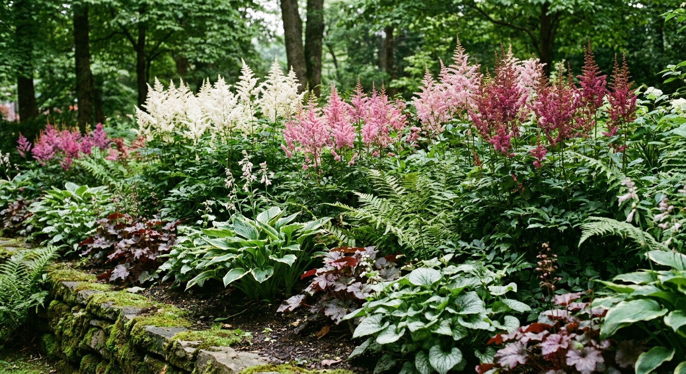 A real photograph of astilbe planted along a north-facing garden border in shade, with flower plumes rising above layered perennials
