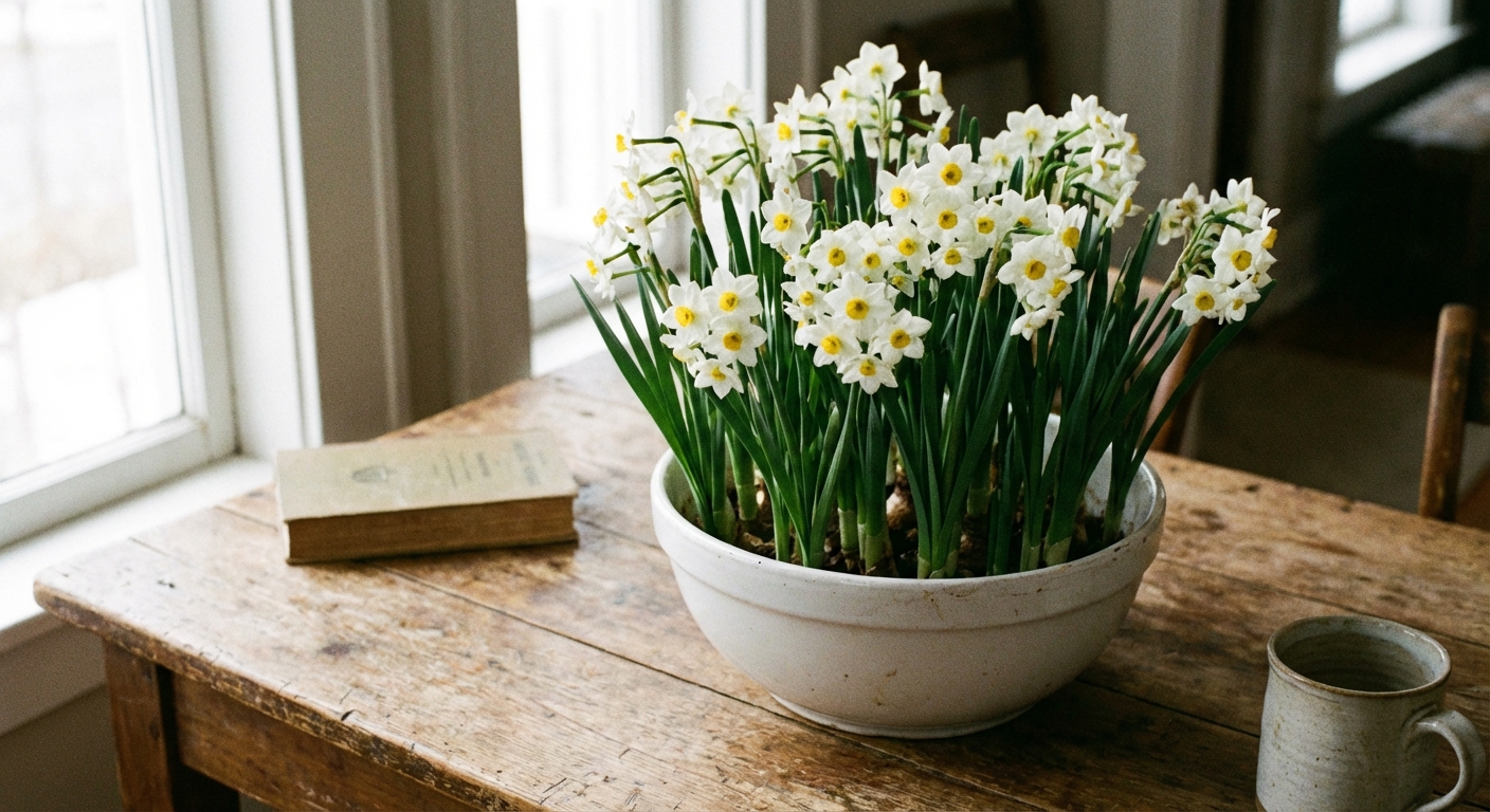 A real photograph of blooming paperwhite narcissus in a simple white bowl on a wooden table, clusters of white flowers open with green leaves upright