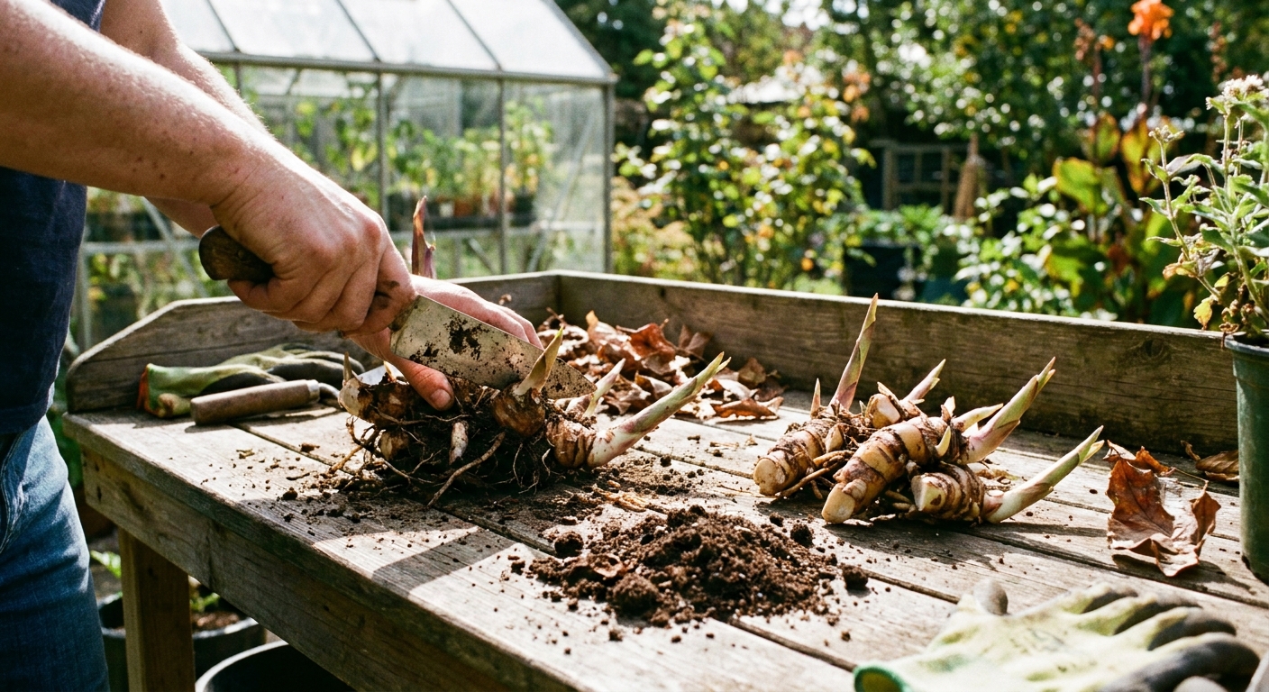 A real photograph of canna rhizomes being divided on a potting bench with a clean garden knife and small piles of soil nearby