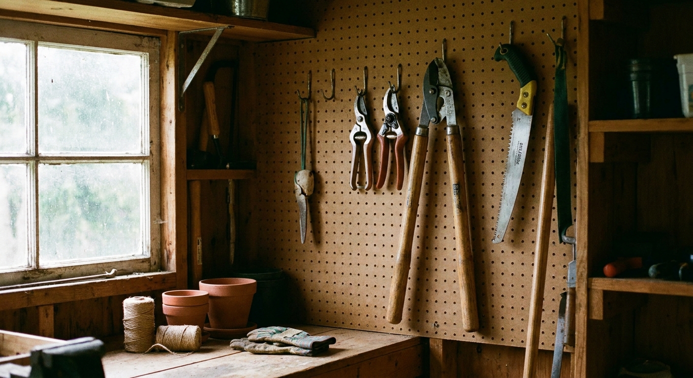 A real photograph of clean pruners, loppers, and a pruning saw hanging on hooks inside a tidy garden shed with natural light