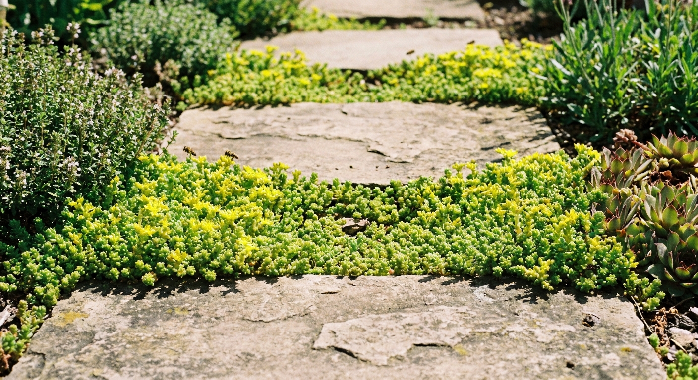 A real photograph of creeping stonecrop sedum forming a dense mat between garden stepping stones in full sun