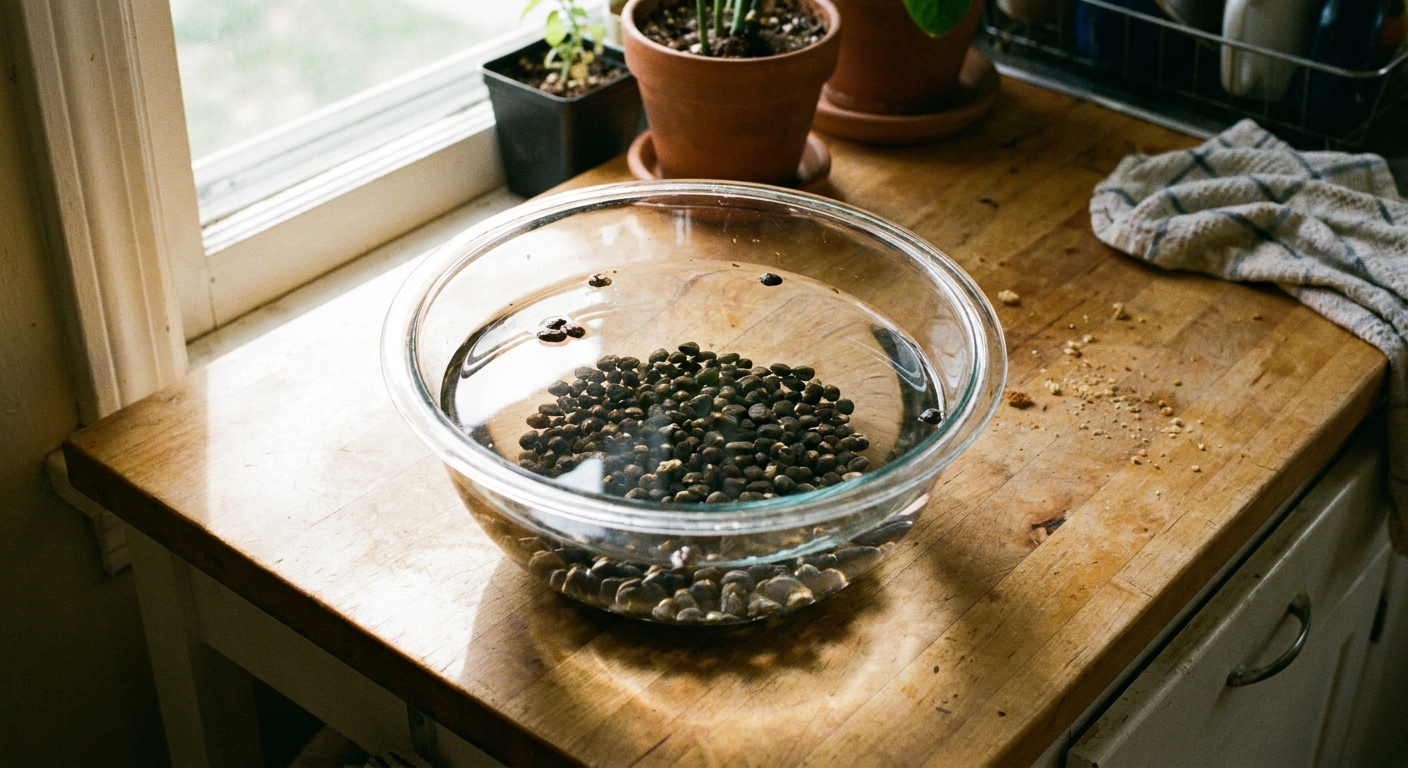 A real photograph of dark morning glory seeds soaking in a clear glass bowl of water on a bright kitchen counter