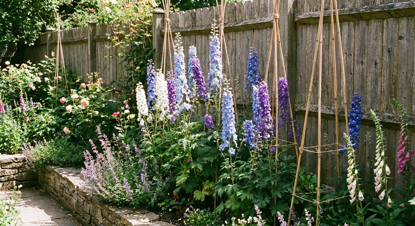 A real photograph of delphiniums planted in a perennial border alongside a wooden fence that provides wind shelter, with stakes placed near the plants
