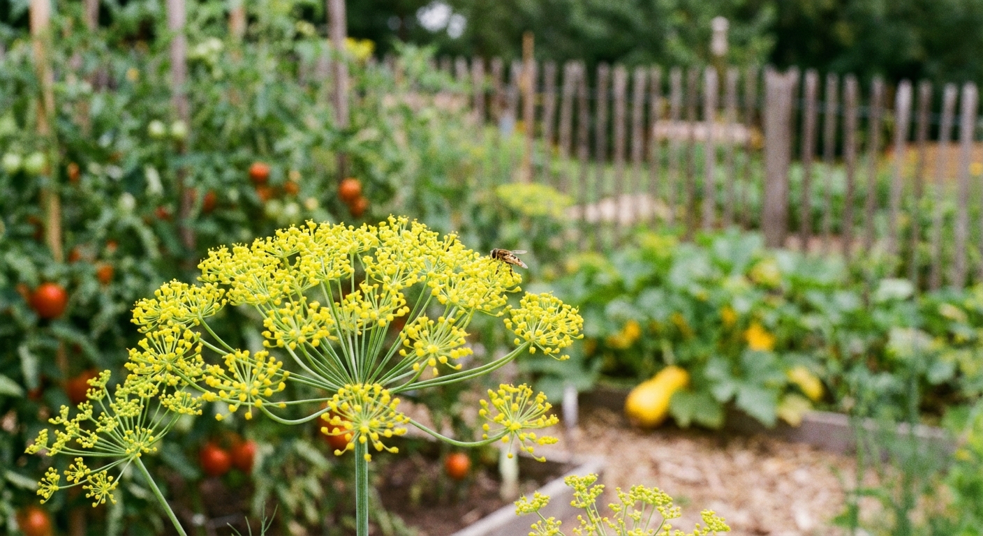 A real photograph of dill flowers in bloom with a small beneficial insect resting on the yellow umbels, with a softly blurred vegetable garden in the background