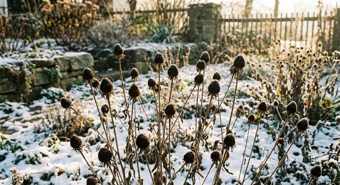 A real photograph of dried black-eyed Susan seedheads standing above light snow in a winter garden with soft morning light