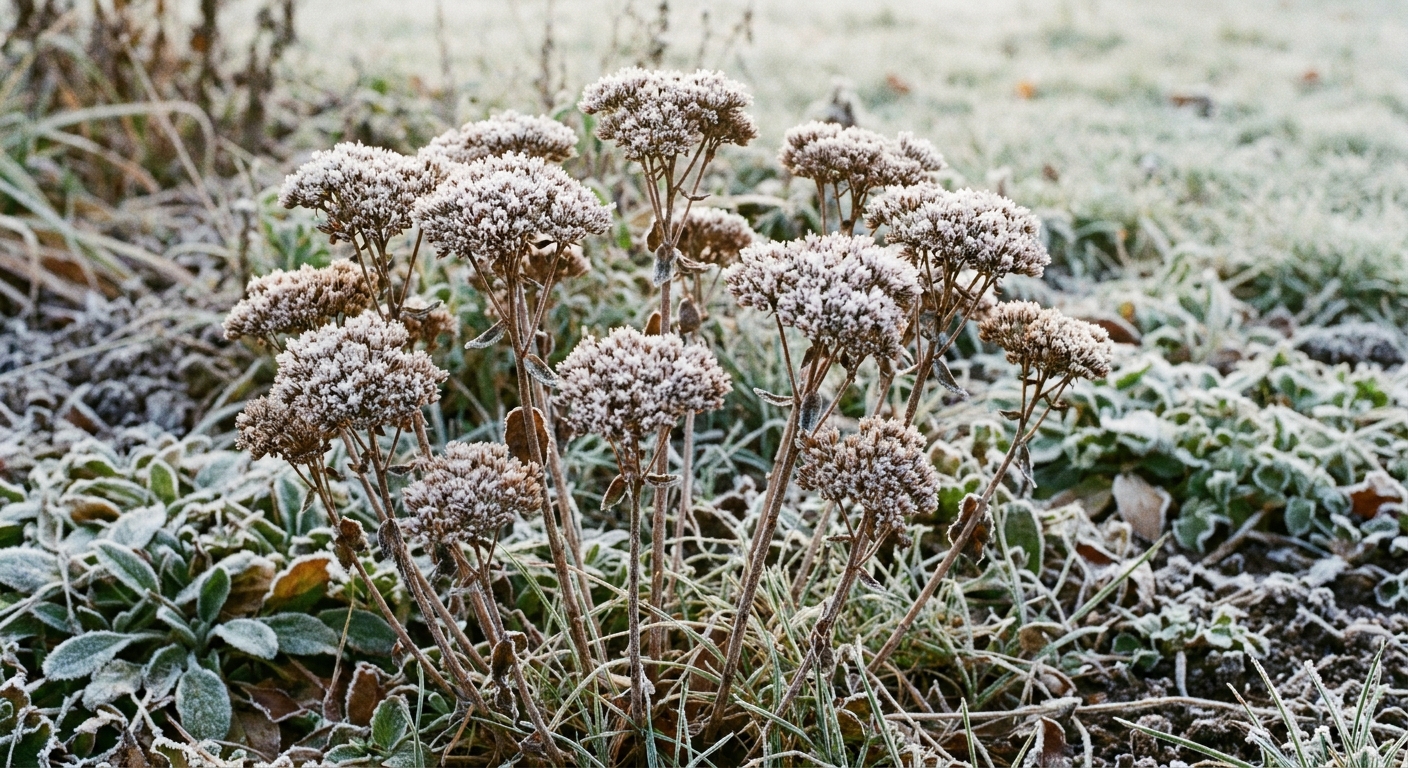 A real photograph of dried upright sedum flower heads dusted with winter frost in a quiet garden bed