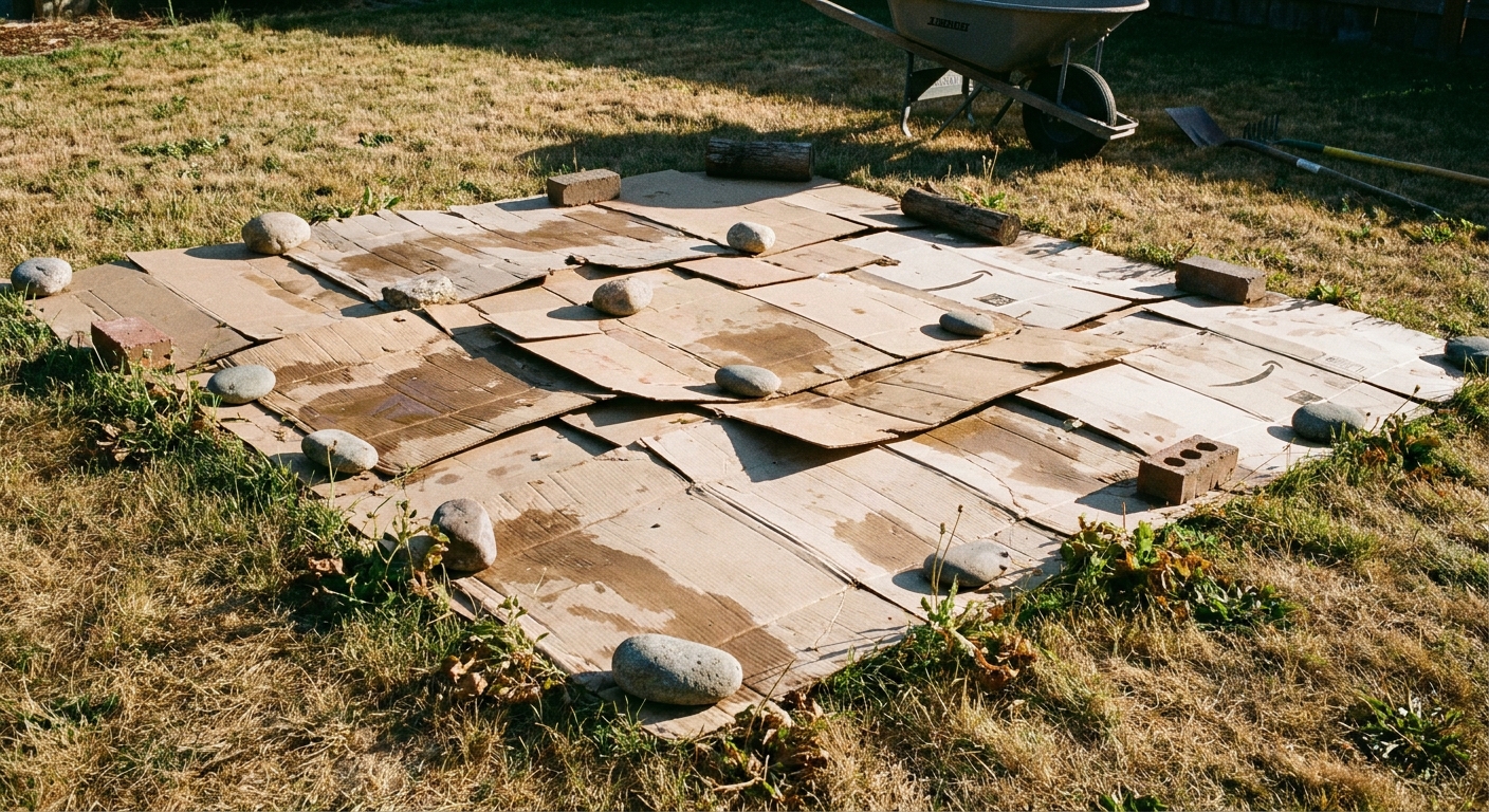 A real photograph of flattened cardboard sheets overlapping on a lawn patch, weighed down with stones, prepared for smothering weeds during summer