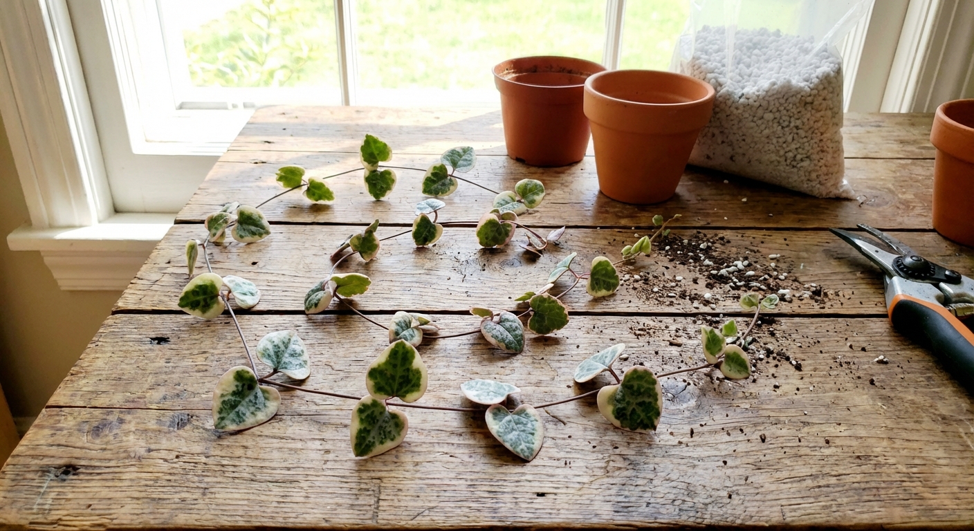 A real photograph of freshly cut String of Hearts vine segments with heart-shaped leaves laid on a clean table next to small pots and perlite, bright indoor natural light