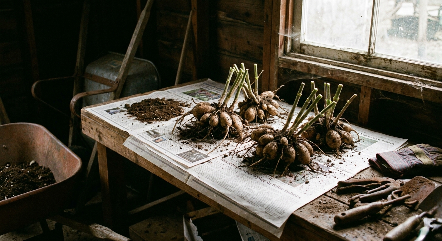 A real photograph of freshly lifted dahlia tubers drying on newspaper on a workbench in a dim garage, with trimmed stems and loose soil nearby